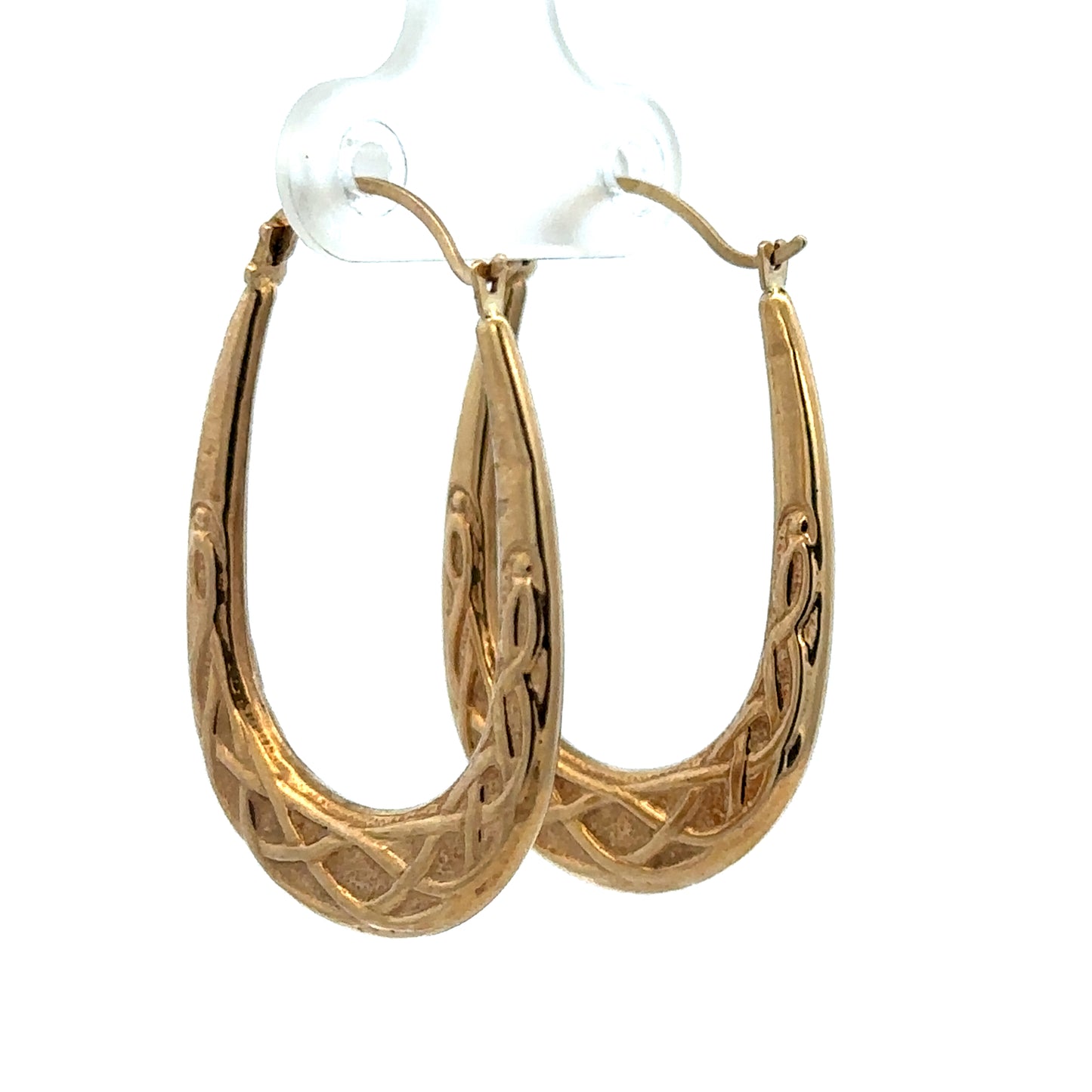 9ct yellow gold hoop earrings, lightweight 1.3g, stylish jewelry by Reeves and Sons, shown in close-up image.