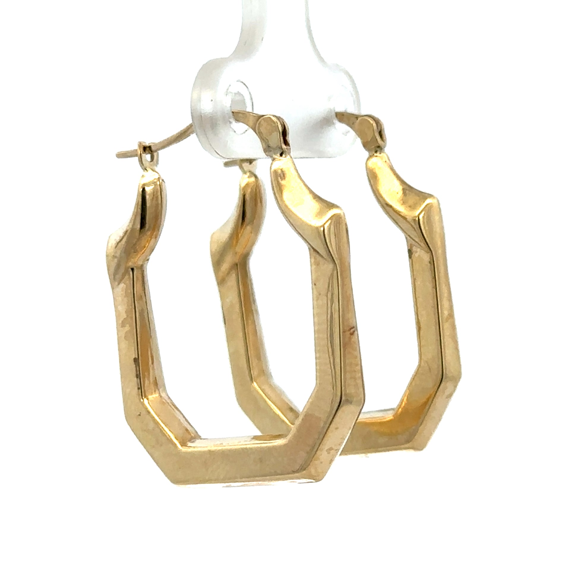 9ct yellow gold hoop earrings weighing 2.2g from Reeves and Sons, close-up of shiny, medium-sized circular earrings.