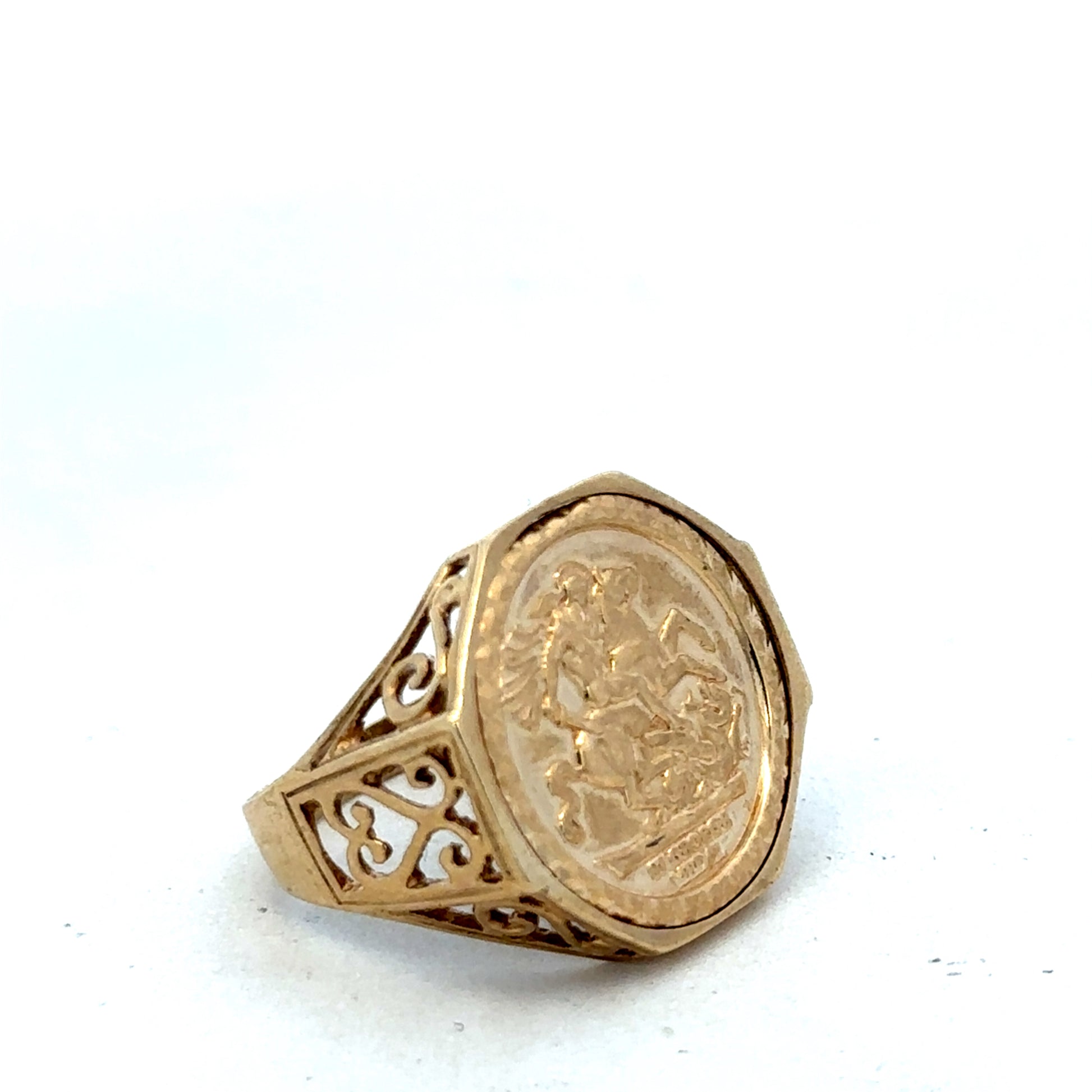 9ct yellow gold St George ring in size T with engraved design, crafted by Reeves and Sons.