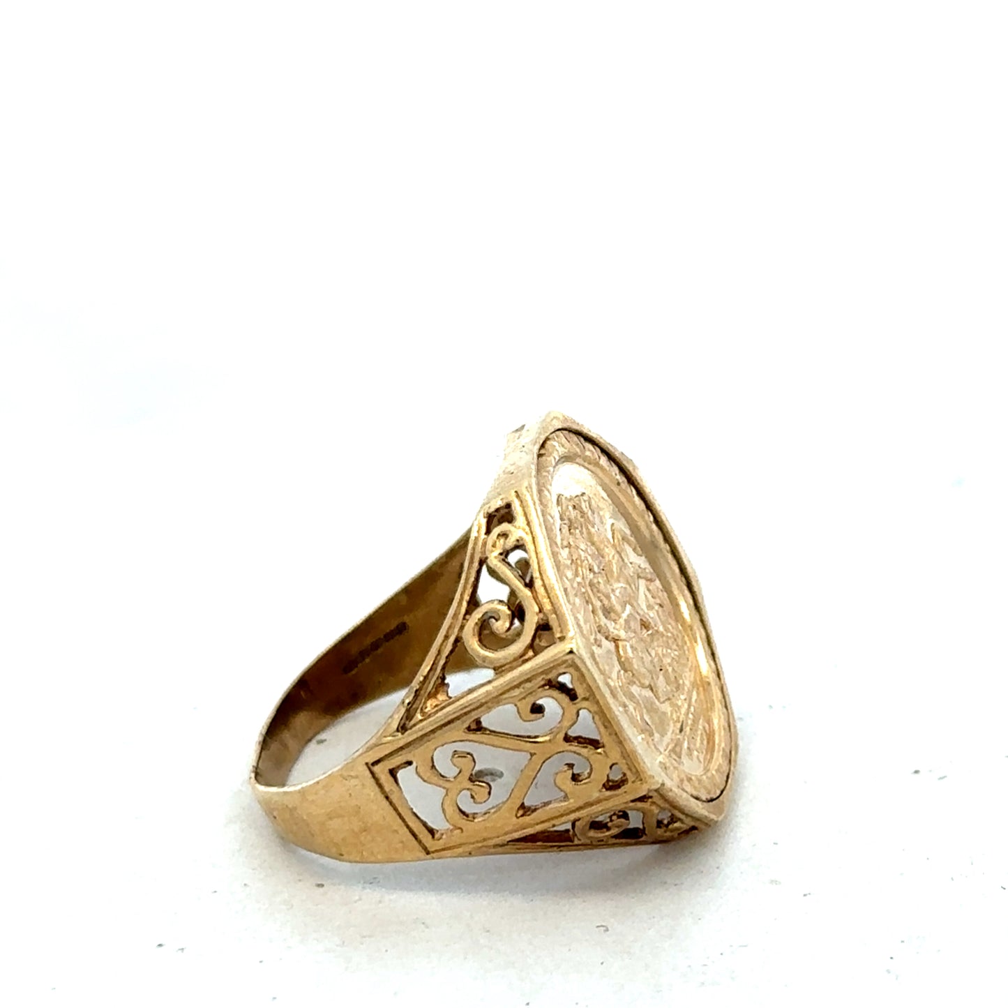 9ct yellow gold St George ring in size T with detailed design, crafted by Reeves and Sons.