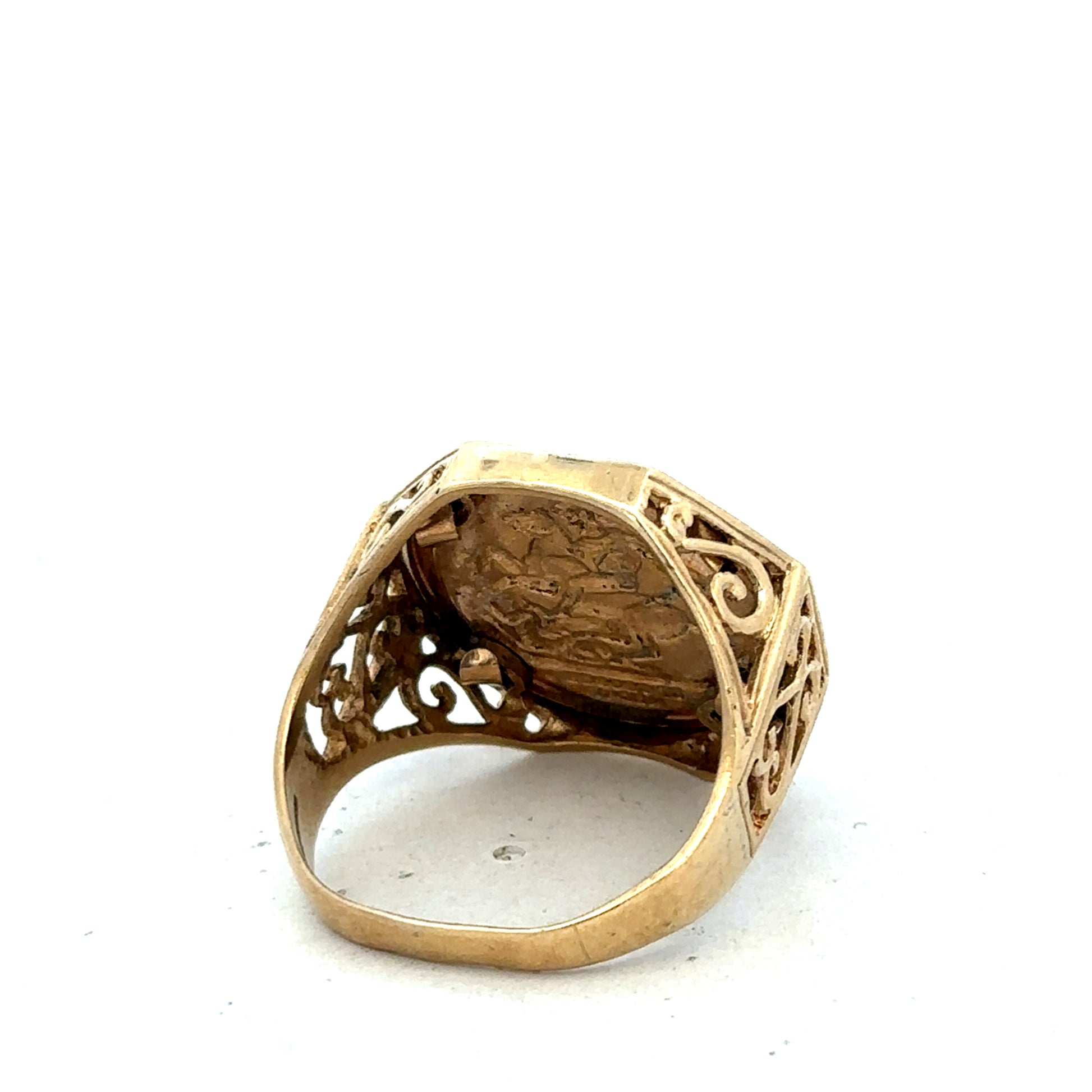9ct yellow gold St George ring size T by Reeves and Sons, featuring intricate design and polished finish.