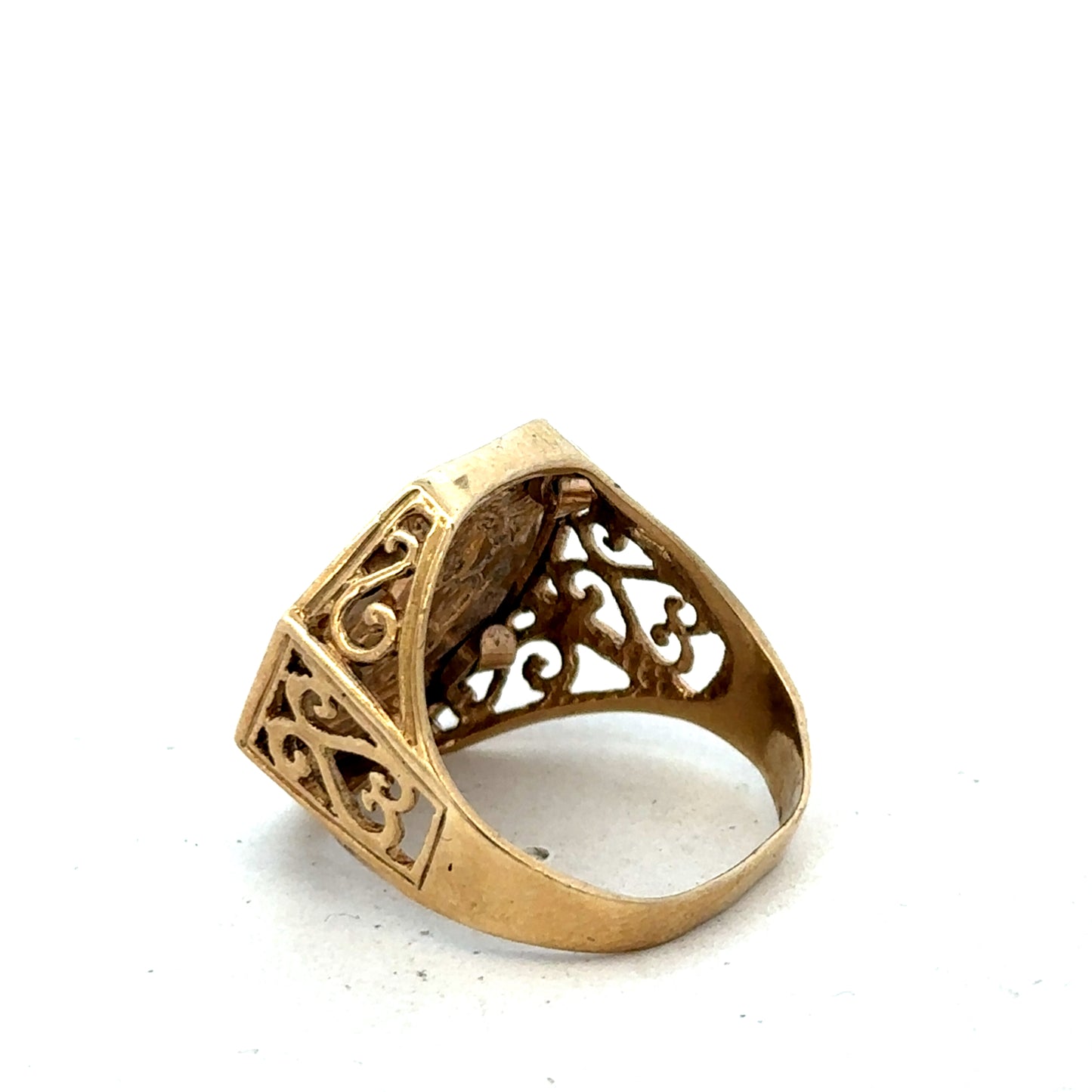 9ct yellow gold St George ring size T by Reeves and Sons, showcasing intricate design and polished finish.