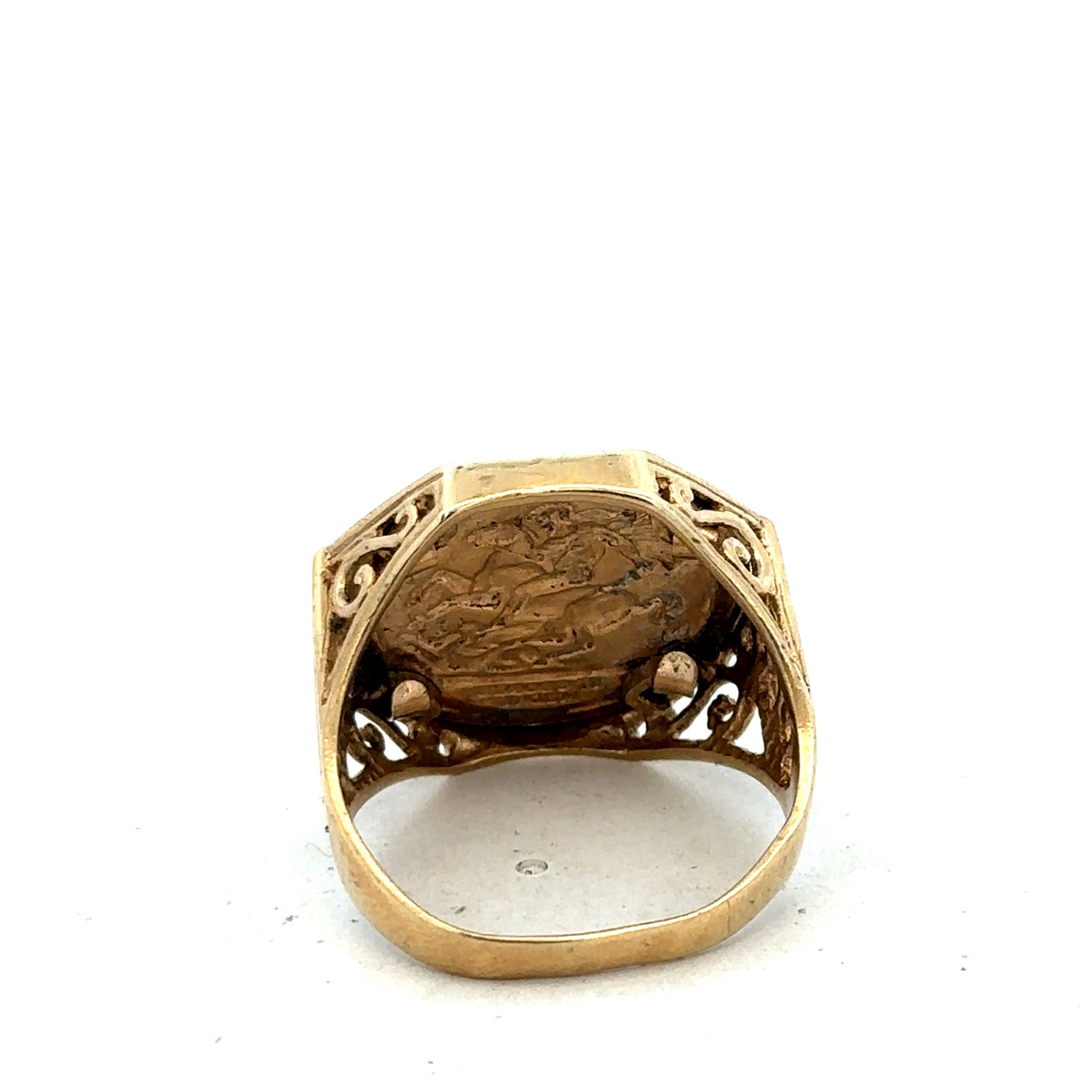 9ct yellow gold St George ring in size T with detailed engraving, crafted by Reeves and Sons.