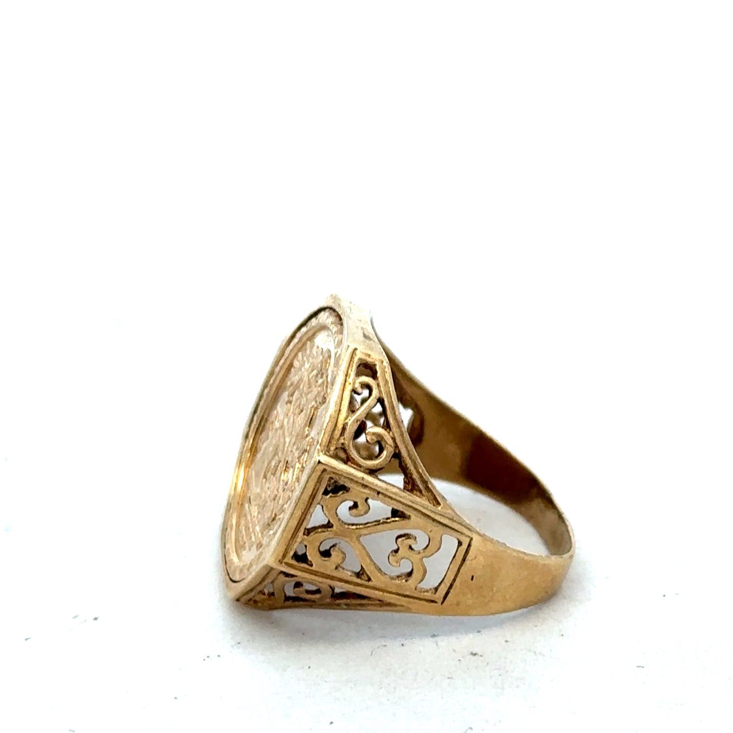 9ct yellow gold St George ring in size T by Reeves and Sons, featuring intricate design and polished finish.