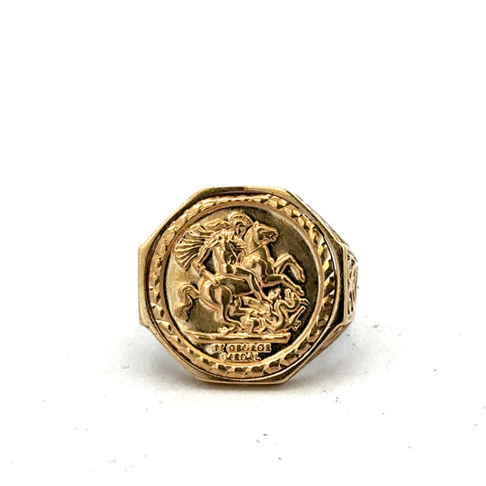 9ct yellow gold St George ring in size T by Reeves and Sons, featuring detailed engraved design and polished finish.