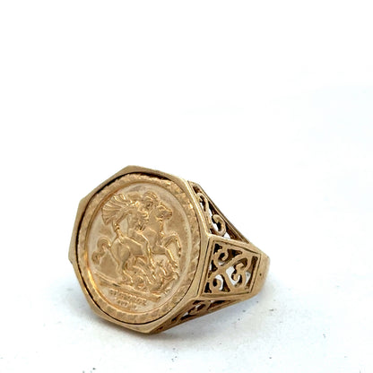 9ct yellow gold St George ring size T by Reeves and Sons, detailed close-up of the gold band with engraved design.