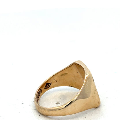 9ct yellow gold signet ring in size P1/2 from Reeves and Sons, featuring a polished smooth surface.