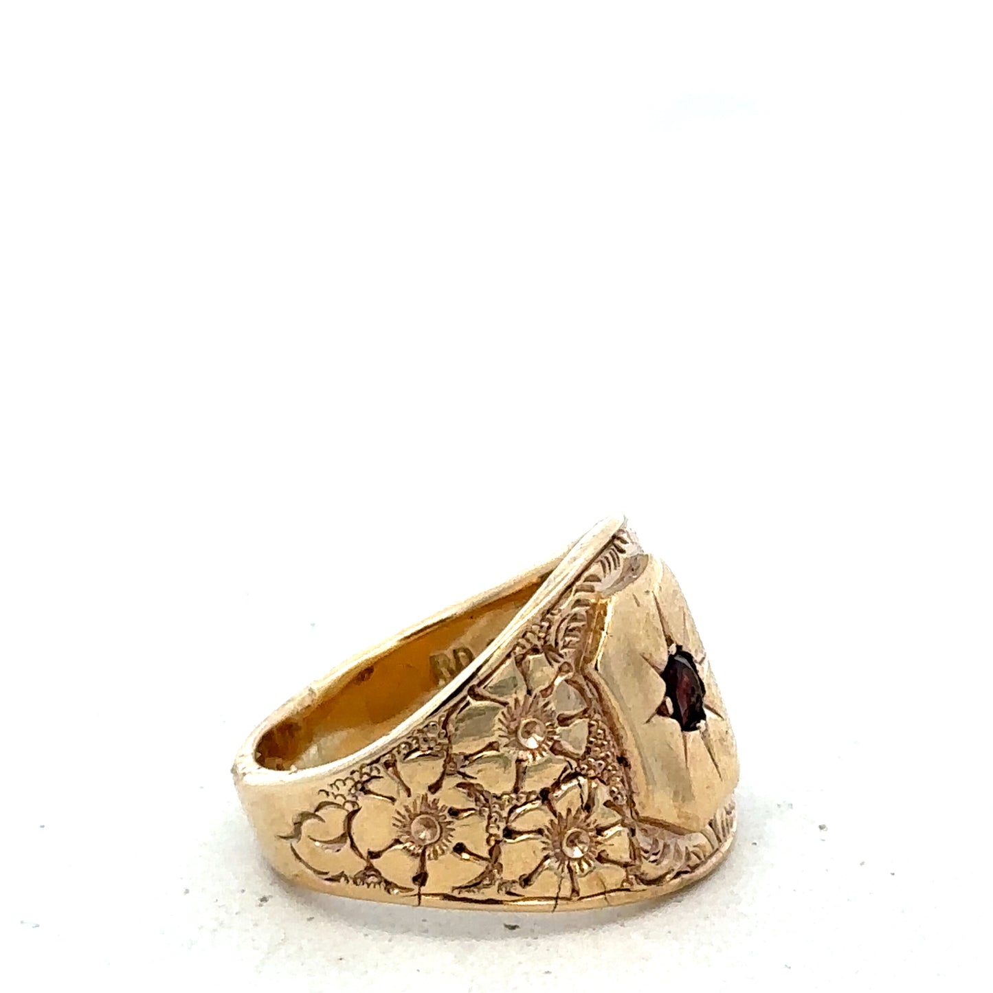 9ct yellow gold ring size L by Reeves and Sons, close-up view showing smooth band and polished finish.