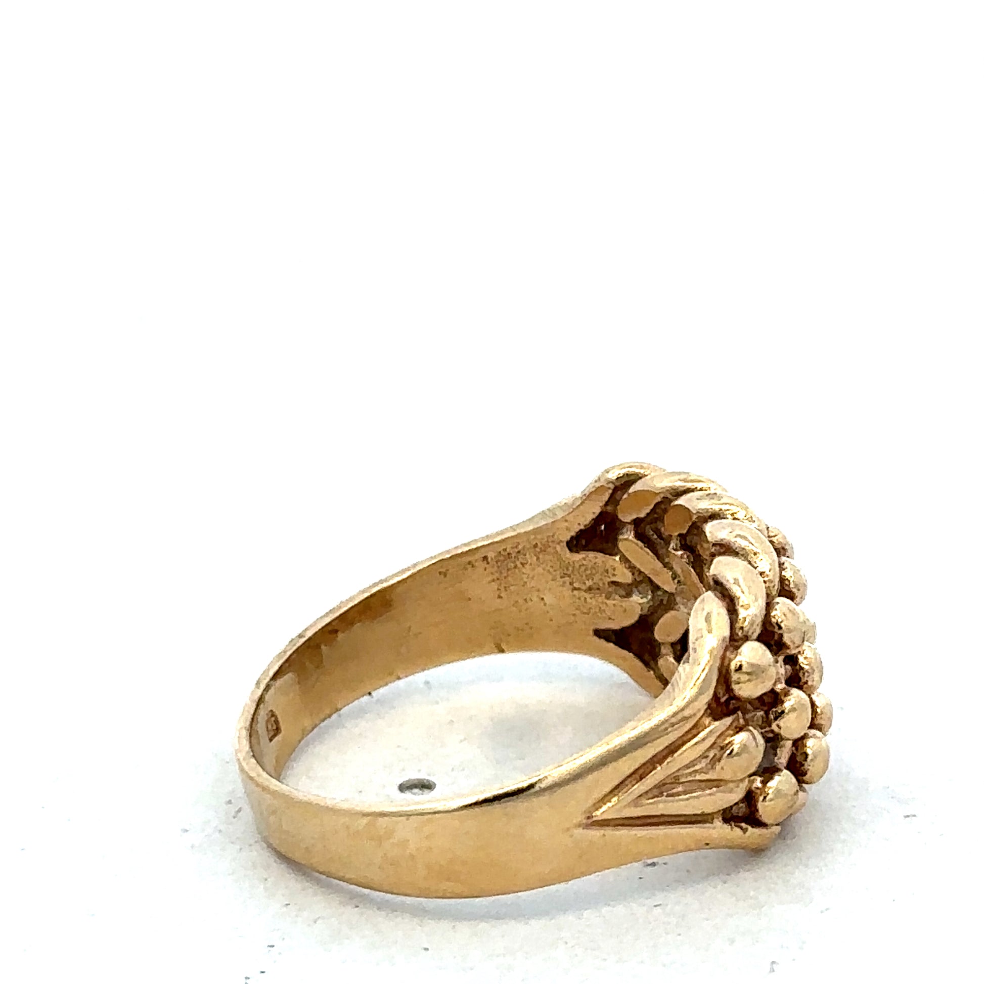 9ct yellow gold keeper ring size T1/2 with smooth band and subtle shine, designed by Reeves and Sons.