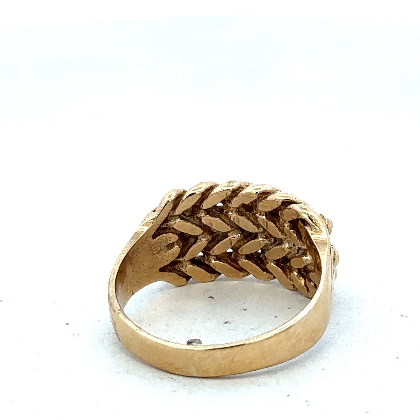 9ct yellow gold keeper ring in size T1/2 with engraved details, showcasing its elegant design and polished finish.