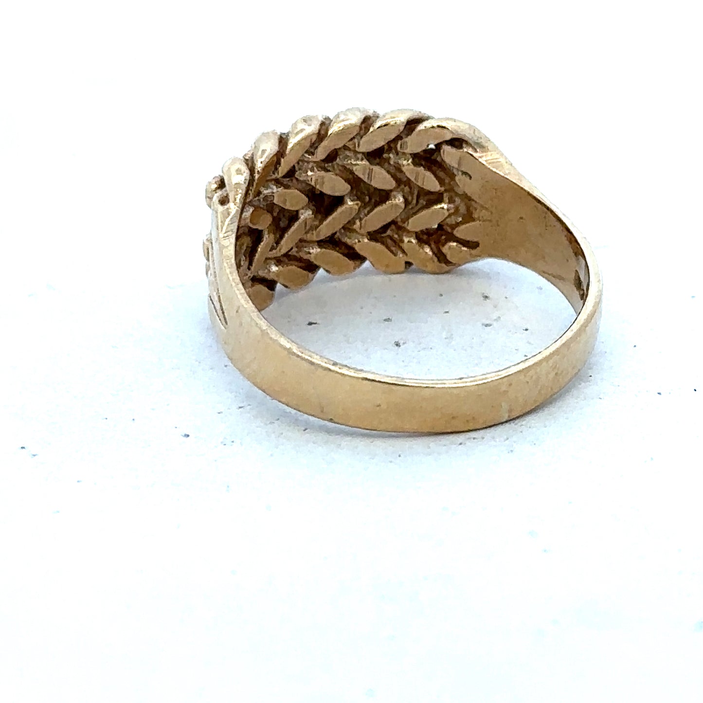 9ct yellow gold keeper ring size T1/2 with smooth band and polished finish, crafted by Reeves and Sons.