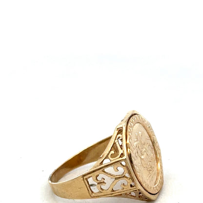 9ct yellow gold St George ring in size T featuring ornate design, crafted by Reeves and Sons.