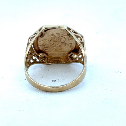 9ct yellow gold St George ring size T with engraved design, crafted by Reeves and Sons, displayed on a neutral background