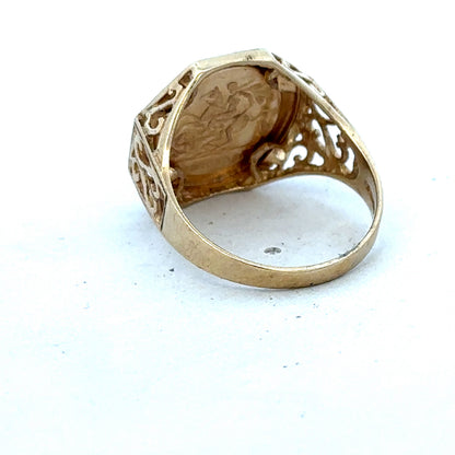 9ct yellow gold St George ring in size T with intricate design, crafted by Reeves and Sons.