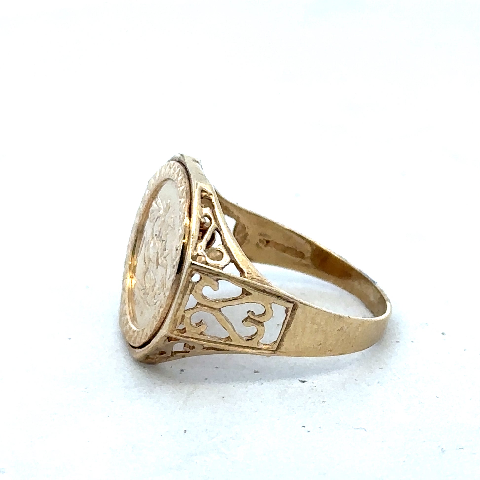 9ct yellow gold St George ring in size T by Reeves and Sons, featuring intricate design and polished finish.
