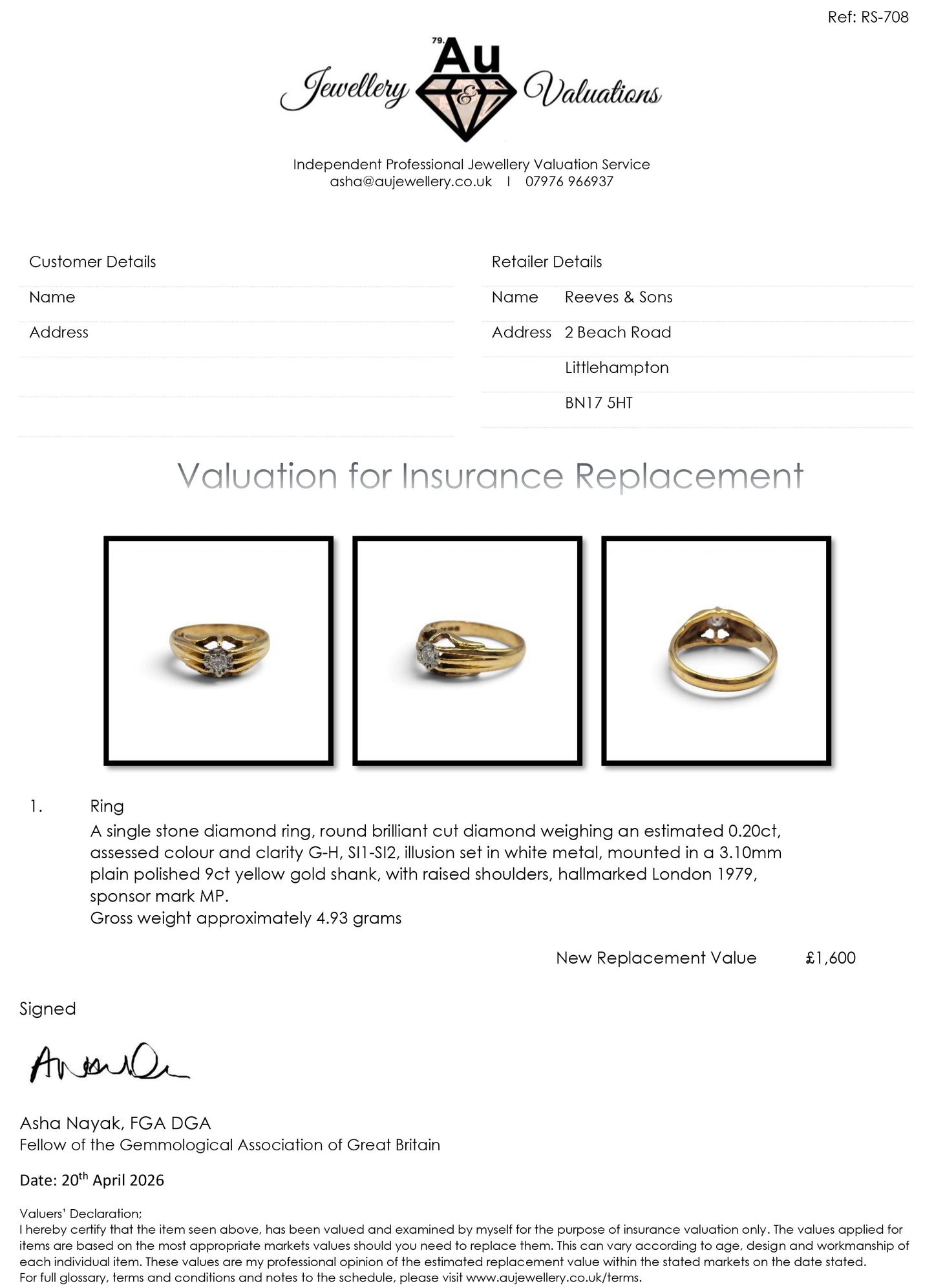 9ct yellow gold diamond ring by Reeves and Sons, featuring sparkling diamonds and a sleek band design.