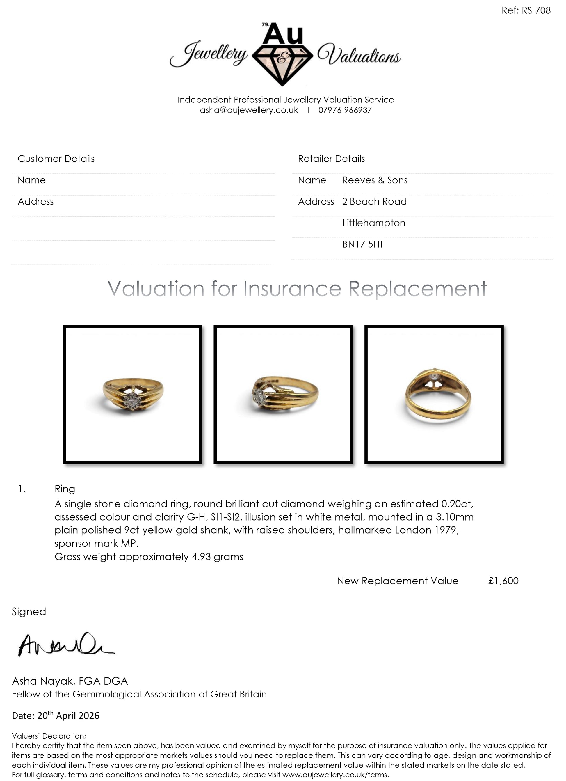 9ct yellow gold diamond ring by Reeves and Sons, featuring sparkling diamonds and a sleek band design.