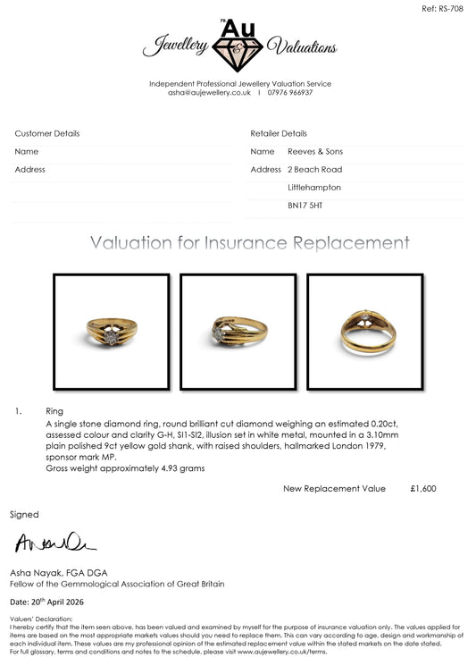 9ct yellow gold diamond ring by Reeves and Sons, featuring sparkling diamonds and a sleek band design.