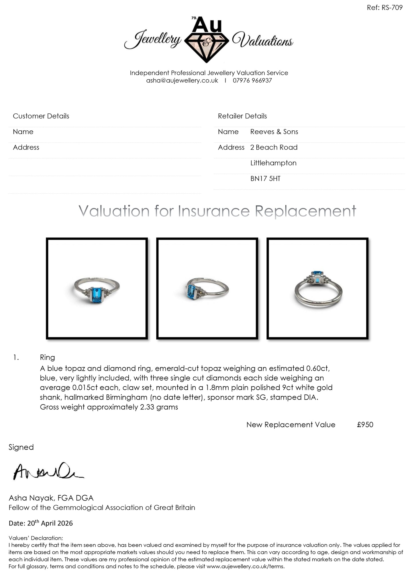 9ct white gold ring with topaz and diamond accents, featuring elegant craftsmanship by Reeves and Sons.