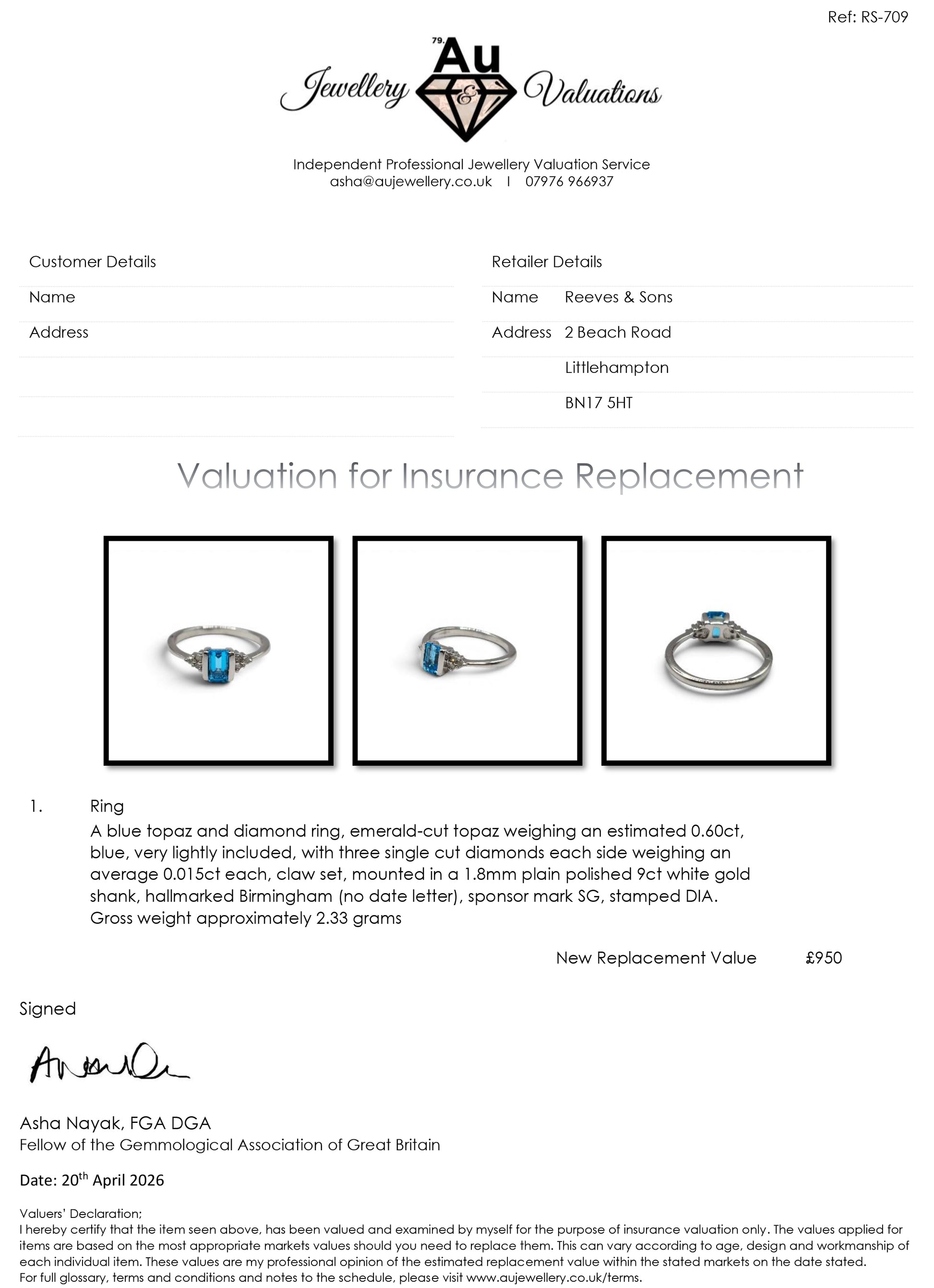 9ct white gold ring with topaz and diamond accents, featuring elegant craftsmanship by Reeves and Sons.