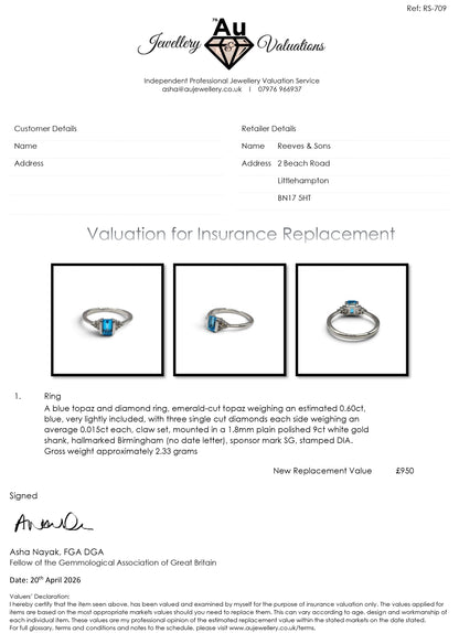 9ct white gold ring with topaz and diamond accents, featuring elegant craftsmanship by Reeves and Sons.