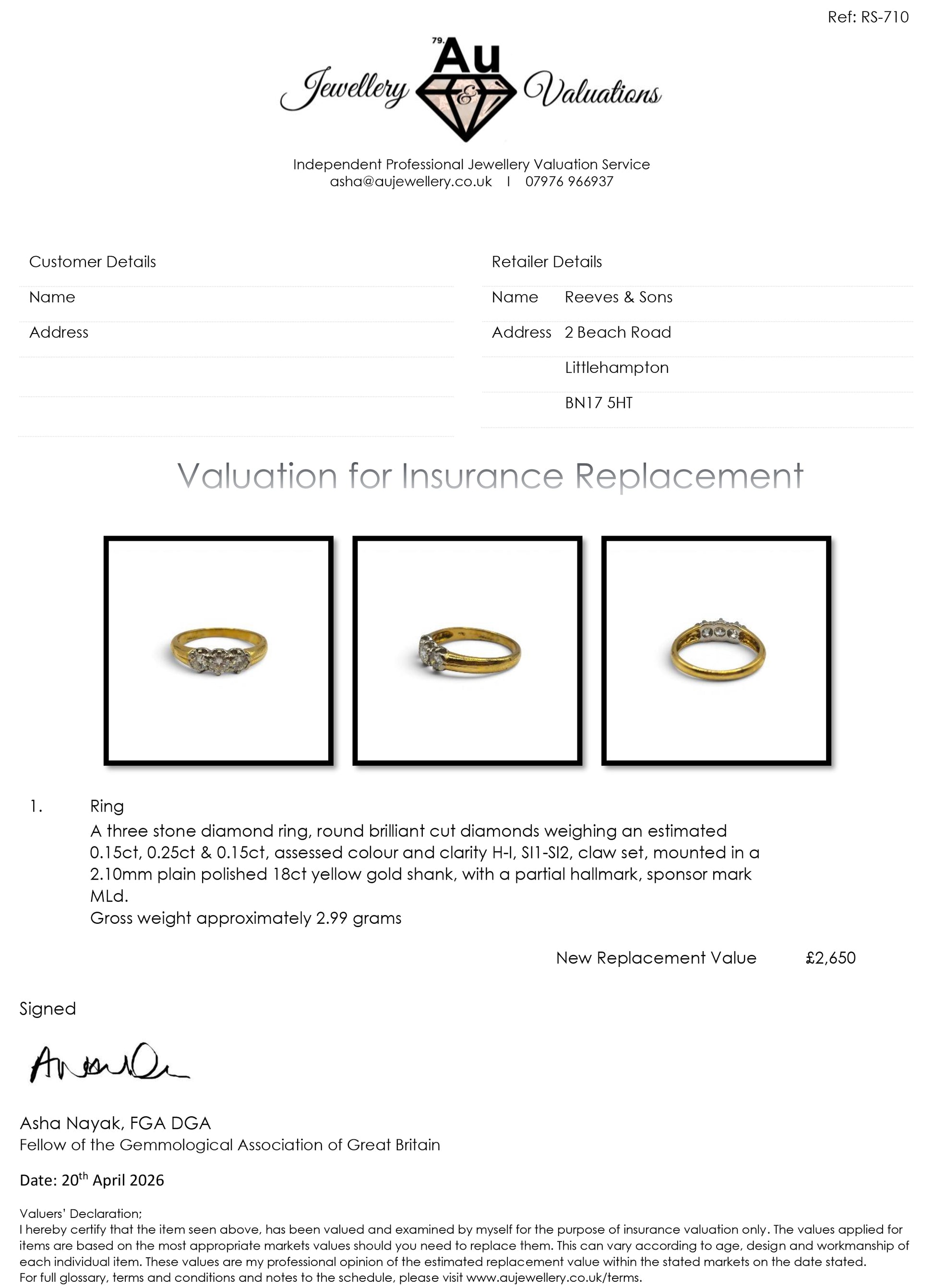 18ct yellow gold three stone diamond ring by Reeves and Sons, showcasing three sparkling diamonds on a polished gold band.