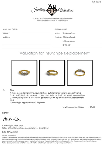 18ct yellow gold three stone diamond ring by Reeves and Sons, showcasing three sparkling diamonds on a polished gold band.