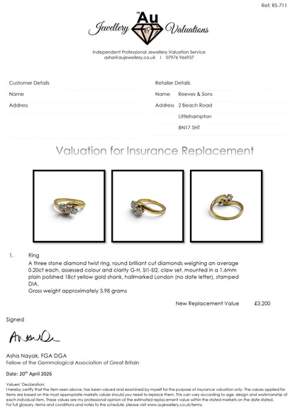 18ct yellow gold diamond twist ring by Reeves and Sons, showcasing a shimmering diamond design on a polished gold band.