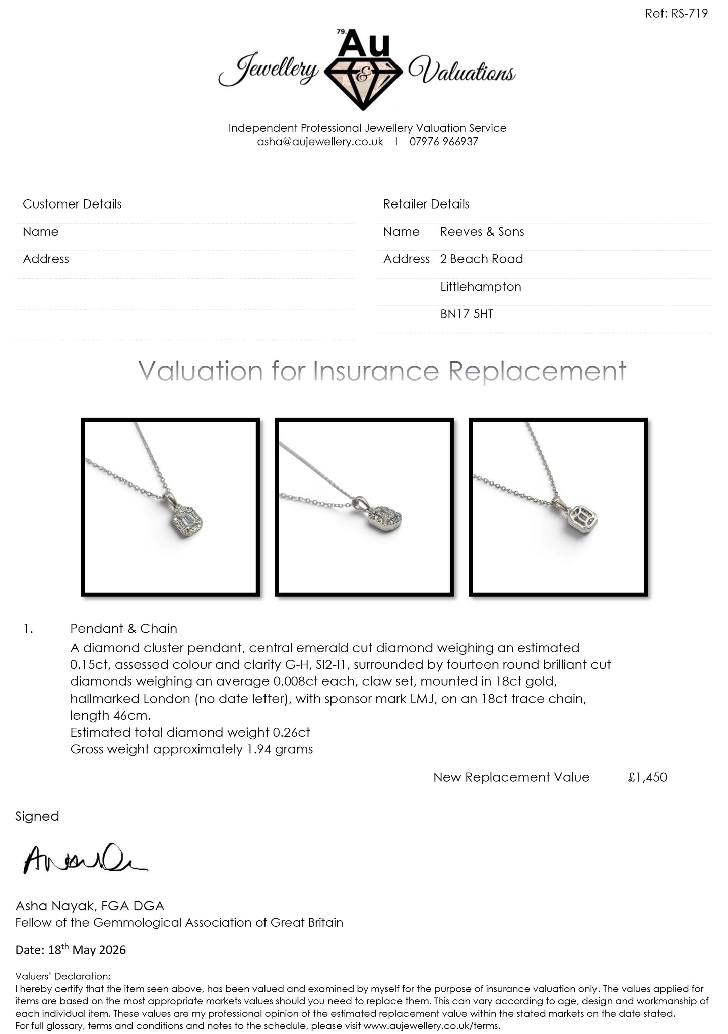 Reeves and Sons 18ct white gold diamond cluster pendant with chain, showcasing sparkling diamonds on a sleek gold setting.