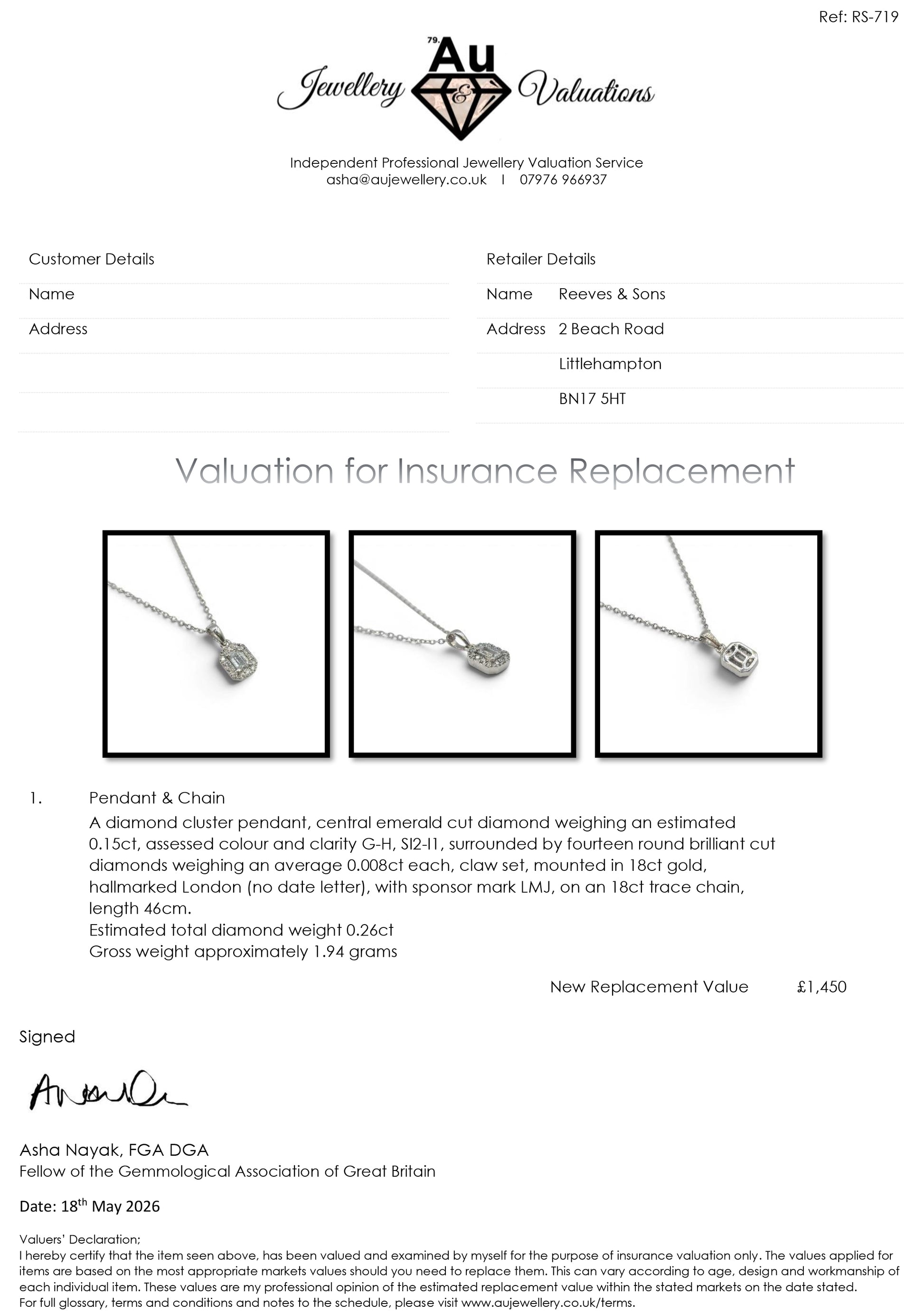Reeves and Sons 18ct white gold diamond cluster pendant with chain, showcasing sparkling diamonds on a sleek gold setting.