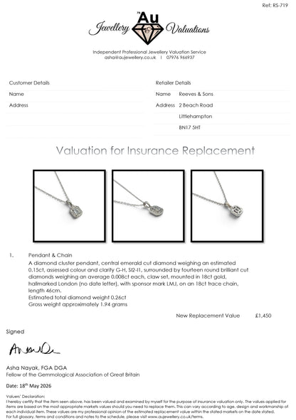 Reeves and Sons 18ct white gold diamond cluster pendant with chain, showcasing sparkling diamonds on a sleek gold setting.