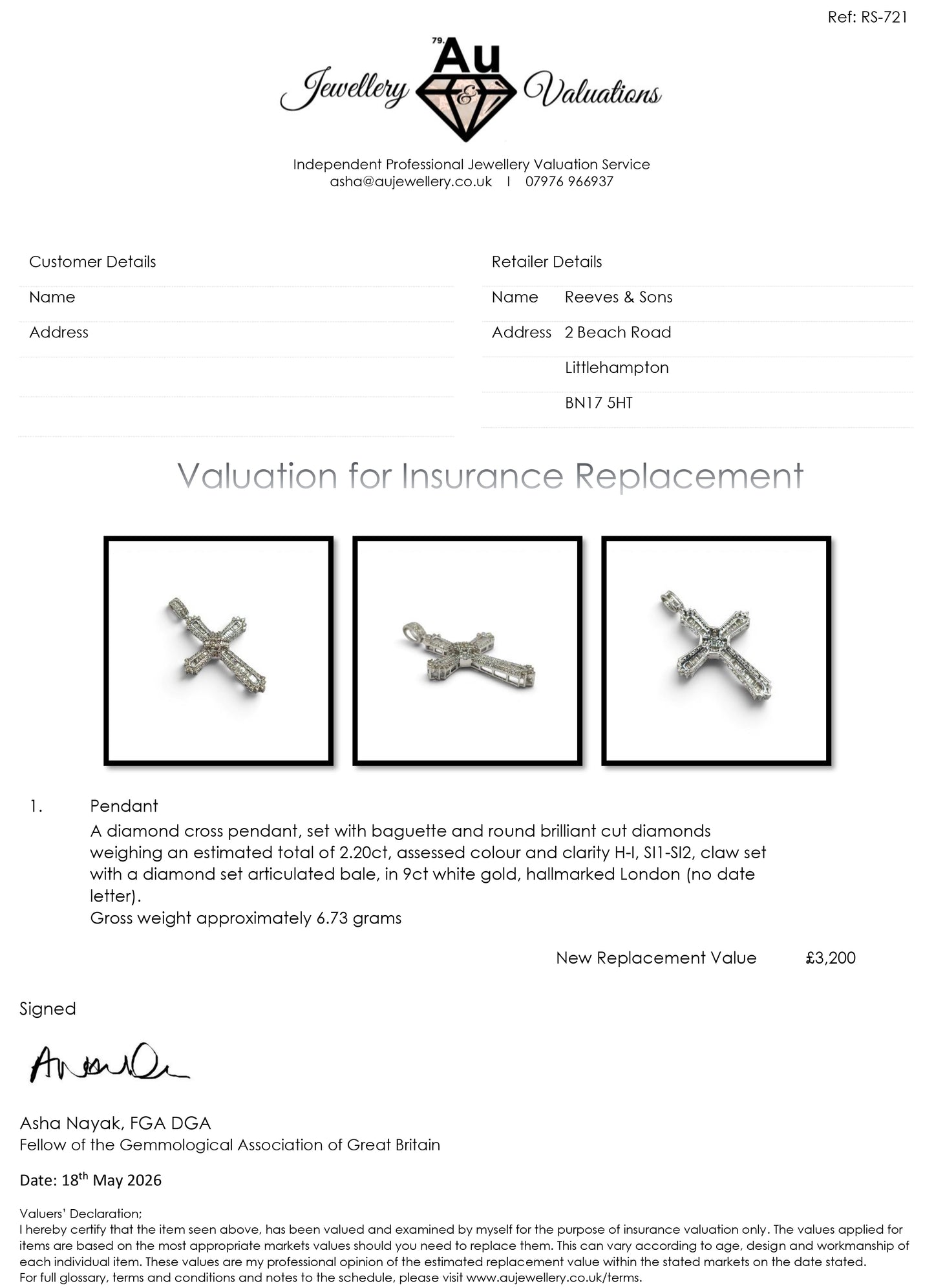 9ct white gold diamond cross pendant from Reeves and Sons with sparkling diamonds and intricate design.