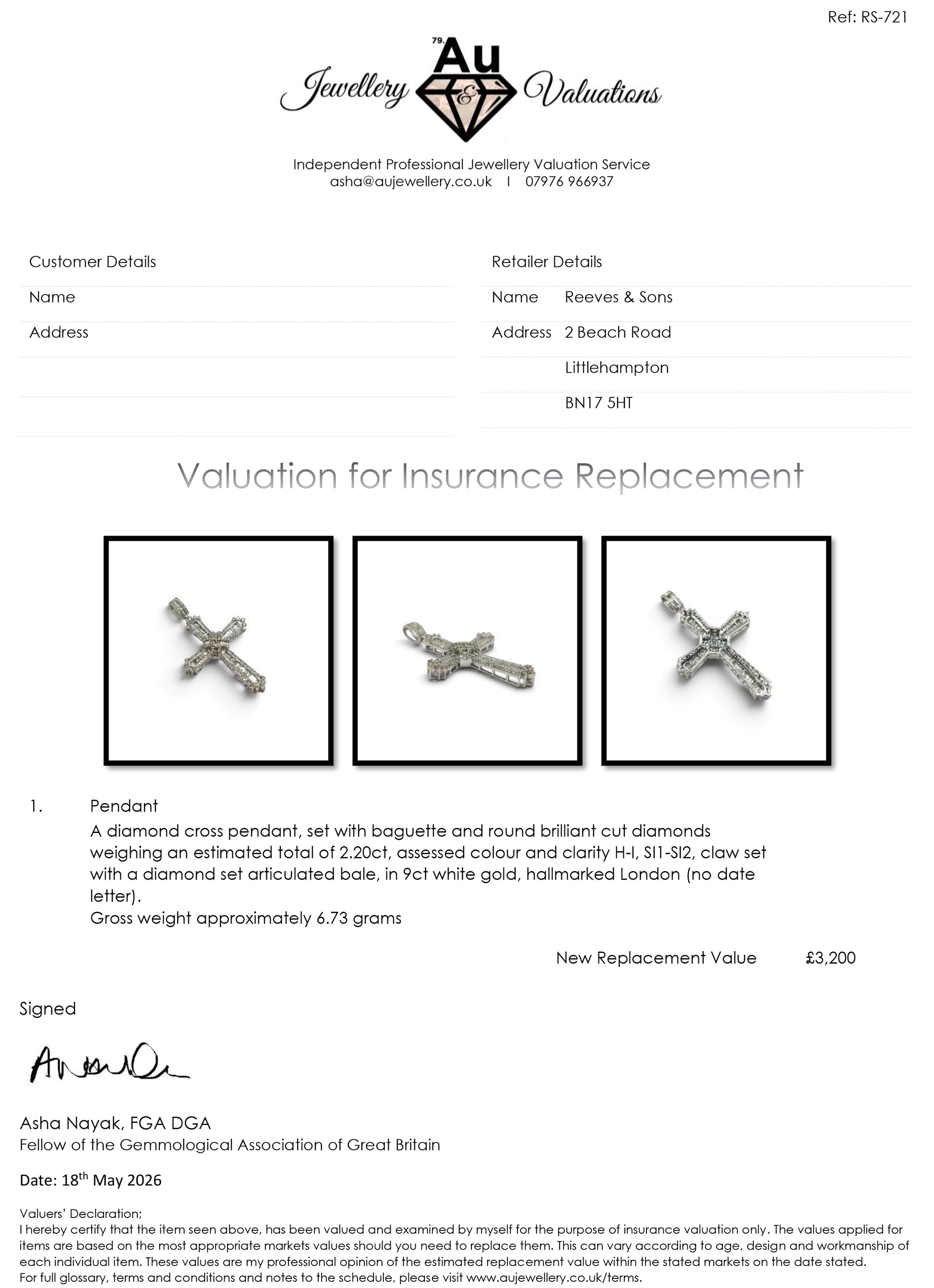9ct white gold diamond cross pendant from Reeves and Sons with sparkling diamonds and intricate design.