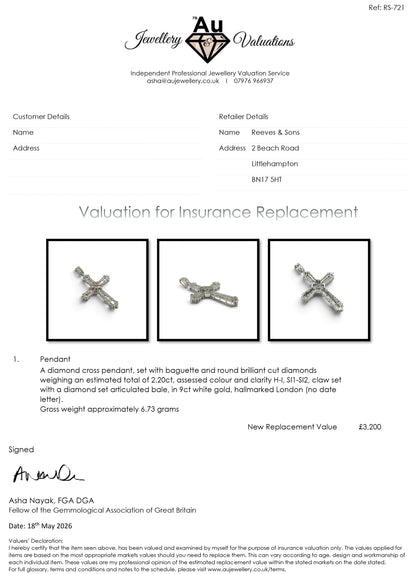 9ct white gold diamond cross pendant from Reeves and Sons with sparkling diamonds and intricate design.