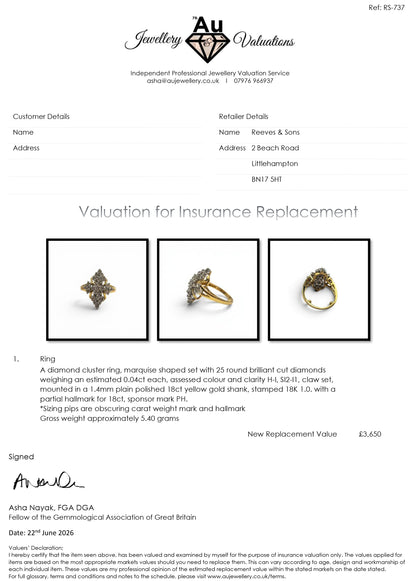 18ct yellow gold diamond ring by Reeves and Sons, featuring a sparkling diamond centerpiece and elegant design.