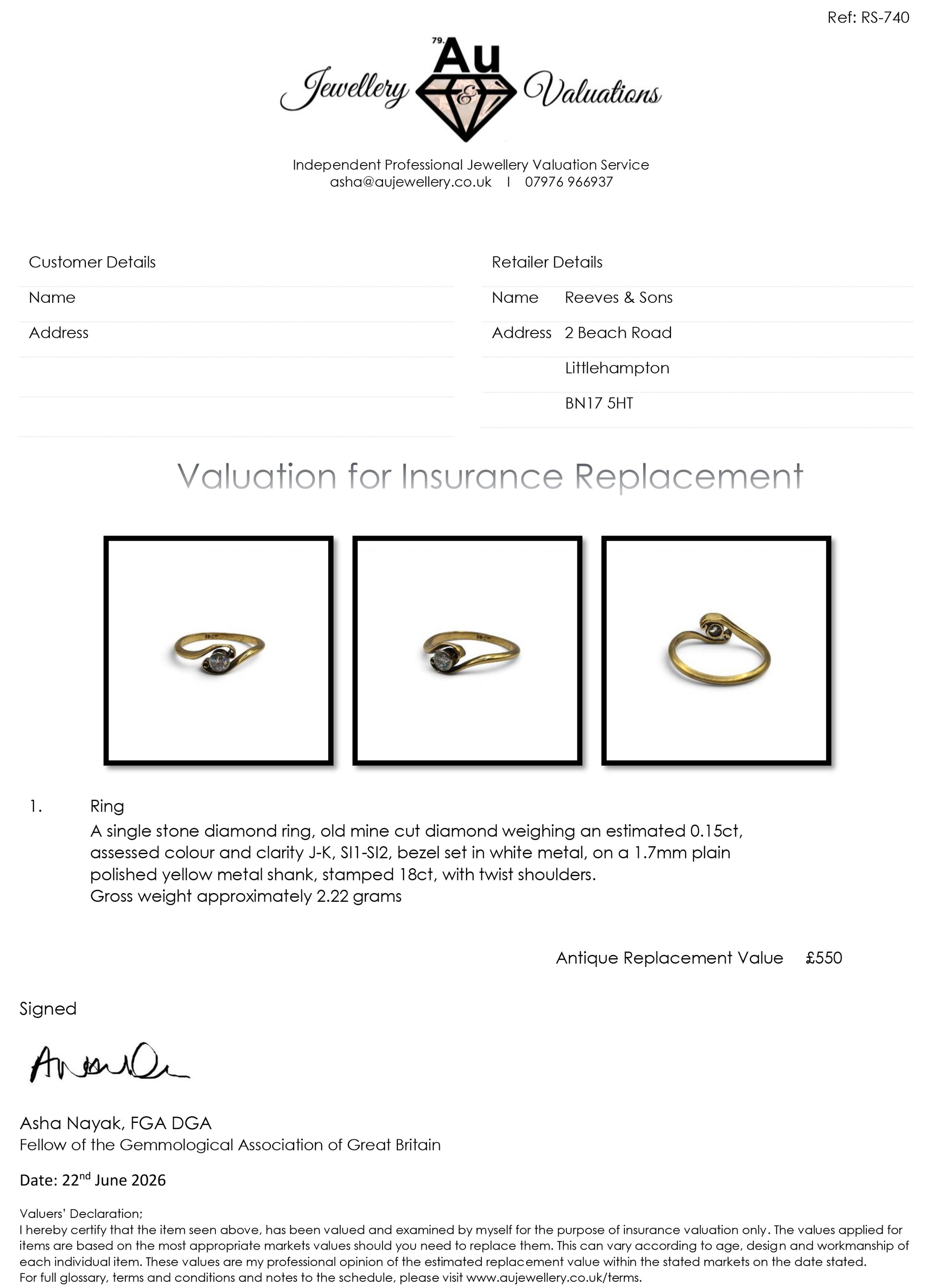 18ct yellow gold diamond ring by Reeves and Sons, featuring sparkling diamonds and a sleek, elegant design.