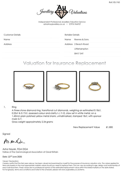 18ct yellow gold three-stone diamond ring by Reeves and Sons, featuring sparkling diamonds and elegant design.