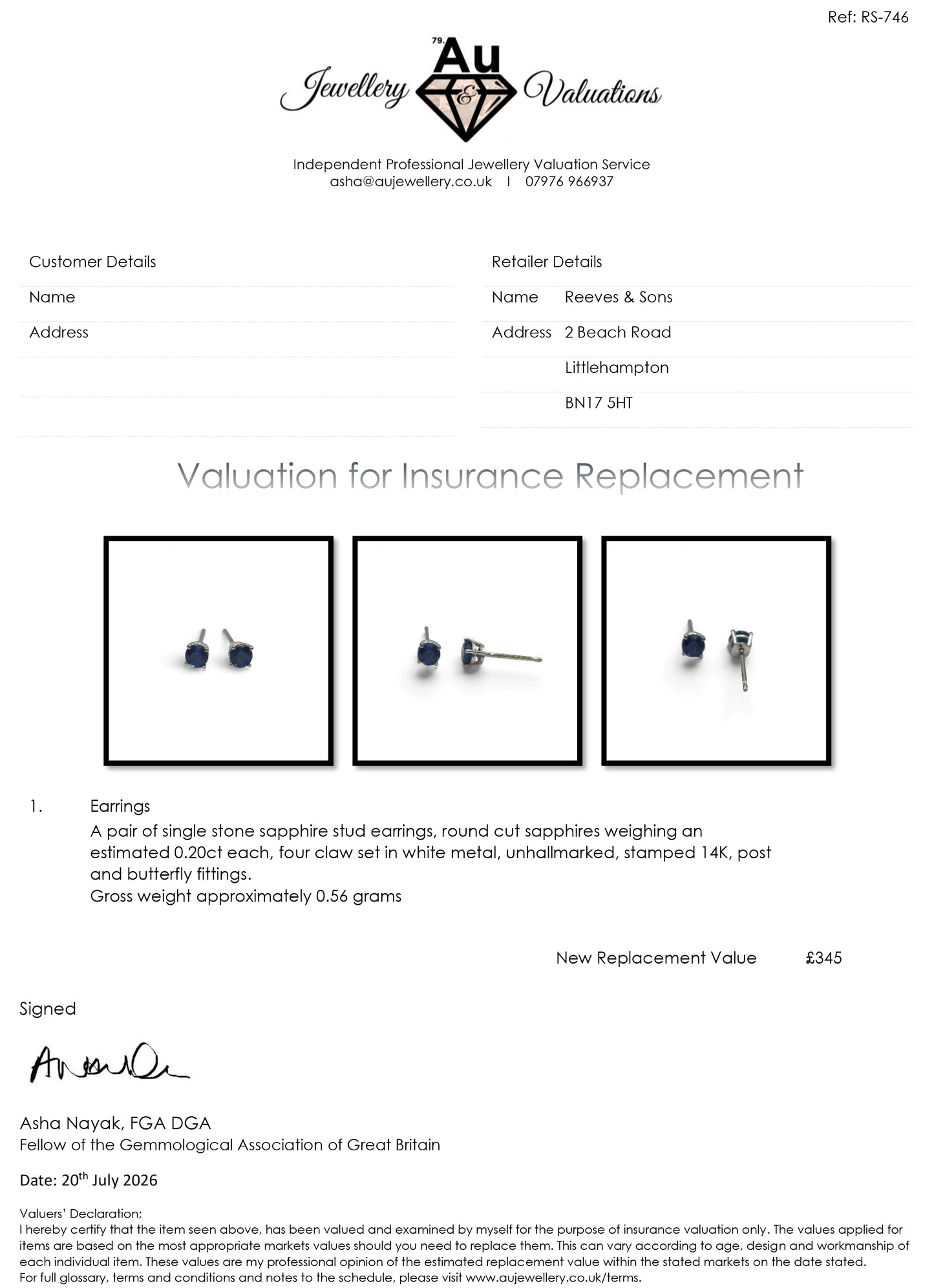 14ct white gold sapphire stud earrings by Reeves and Sons, showcasing elegant blue sapphires set in polished gold.