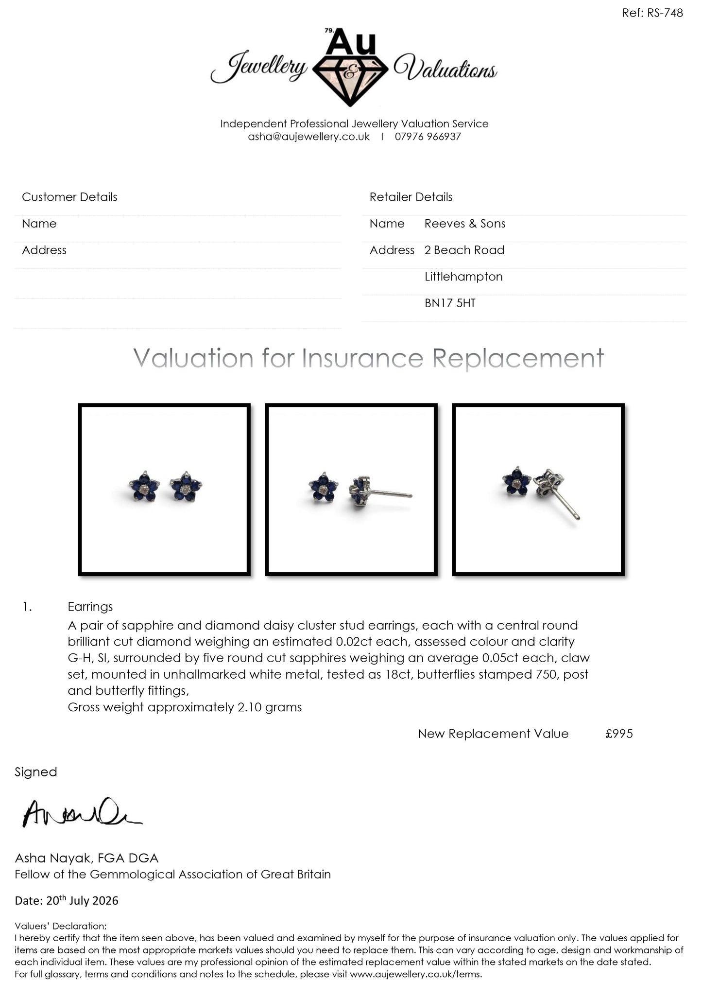 18ct white gold daisy sapphire and diamond stud earrings by Reeves and Sons, featuring floral design with sparkling stones.