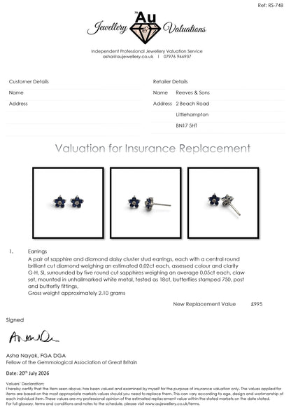 18ct white gold daisy sapphire and diamond stud earrings by Reeves and Sons, featuring floral design with sparkling stones.