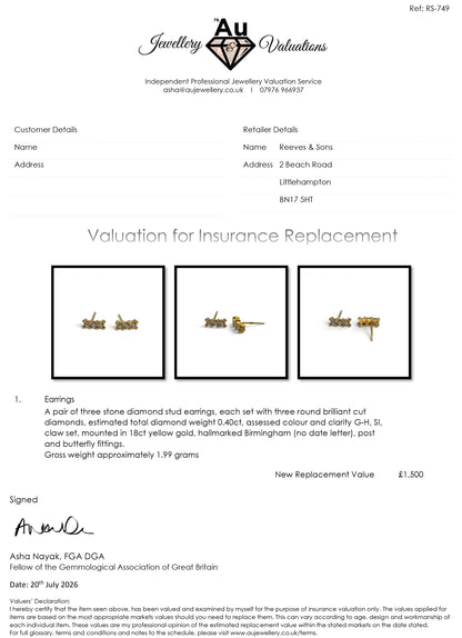 18ct yellow gold diamond stud earrings from Reeves and Sons, showcasing sparkling diamonds set in elegant gold.