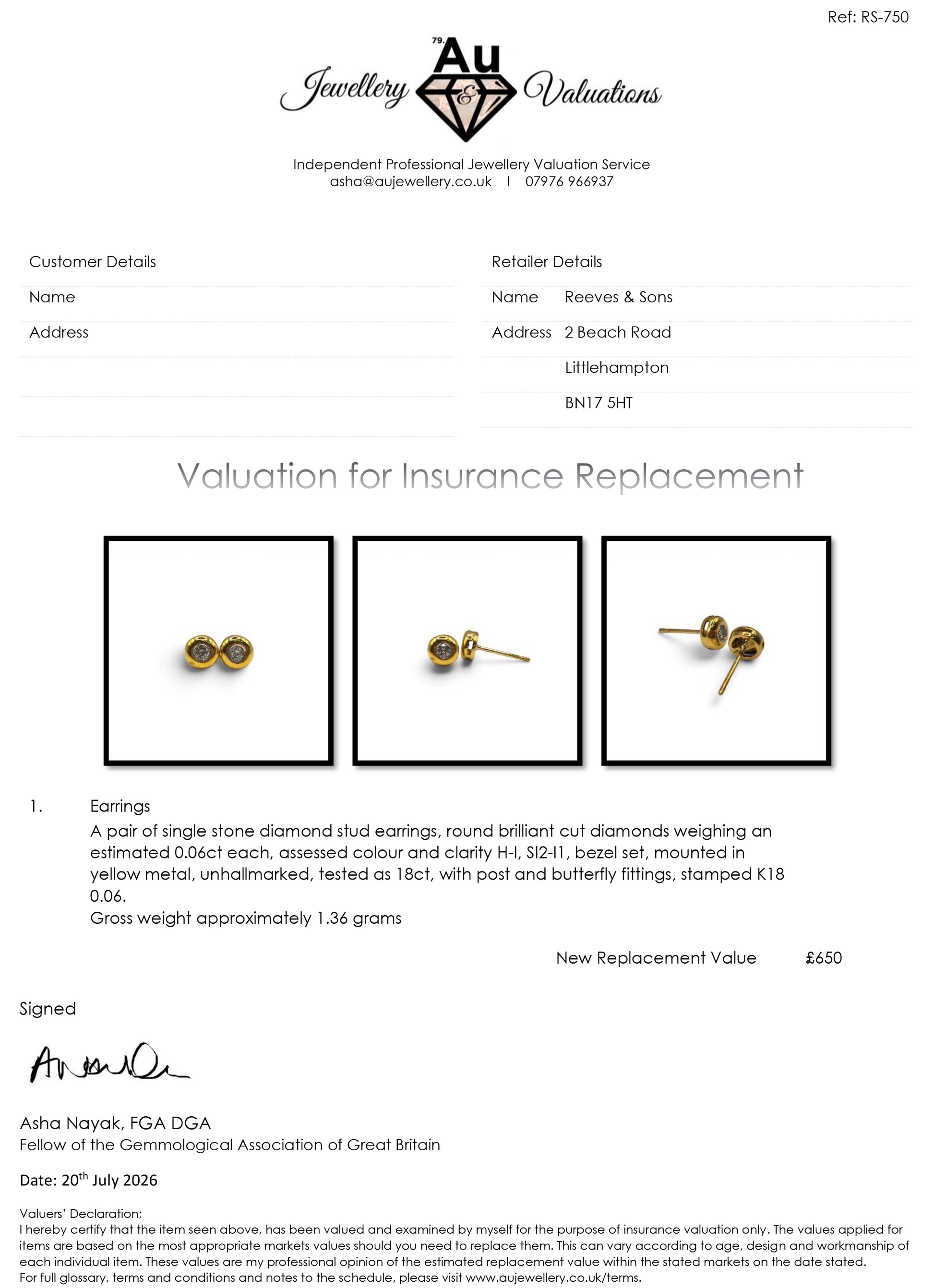 18ct yellow gold diamond stud earrings by Reeves and Sons featuring sparkling diamonds and classic design.