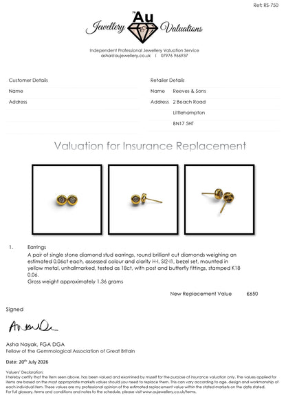 18ct yellow gold diamond stud earrings by Reeves and Sons featuring sparkling diamonds and classic design.