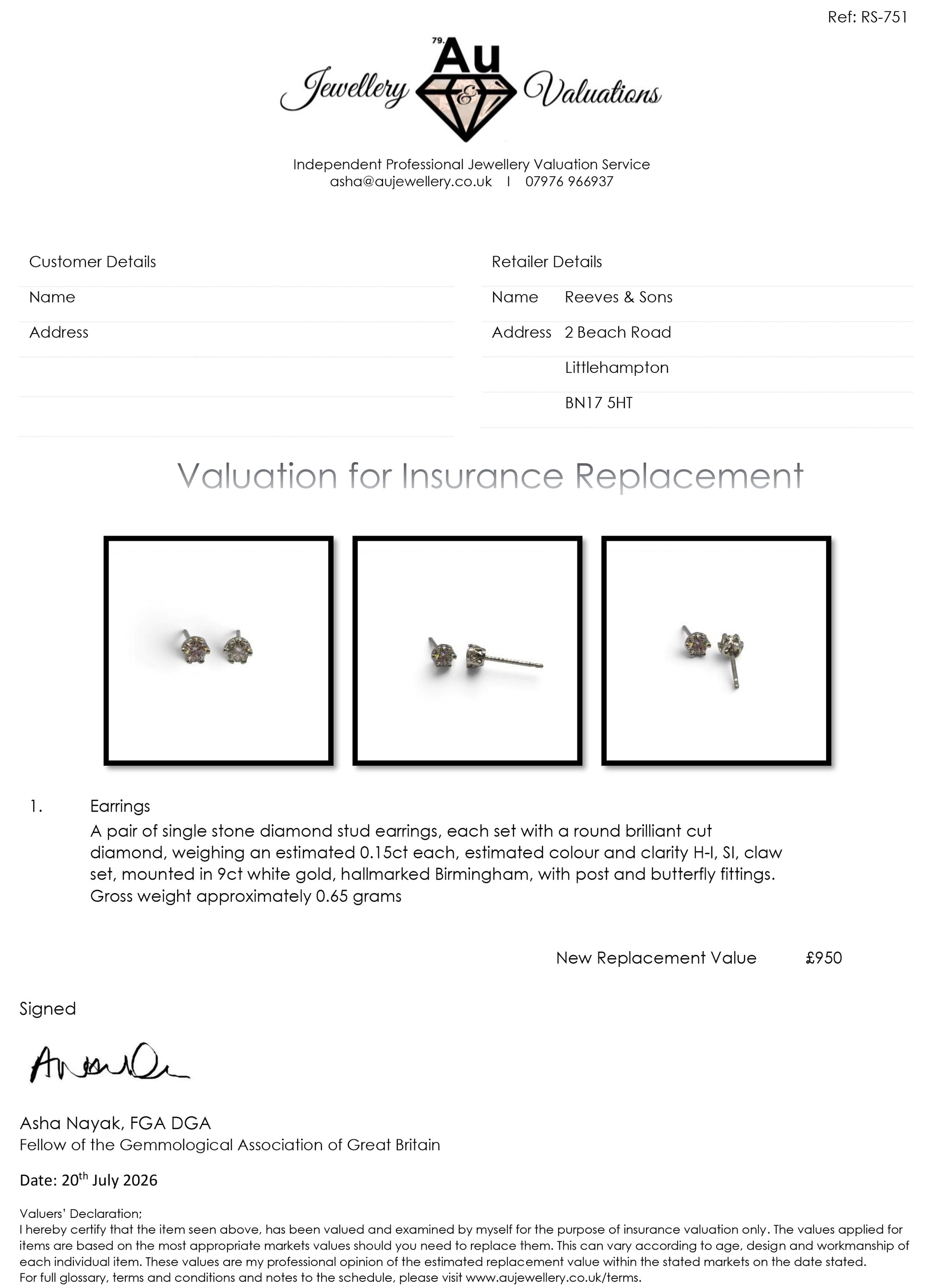 9ct white gold diamond stud earrings by Reeves and Sons, featuring sparkling round diamonds on a classic earring setting.
