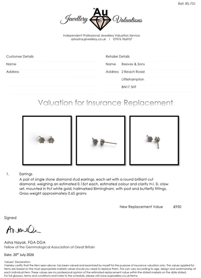 9ct white gold diamond stud earrings by Reeves and Sons, featuring sparkling round diamonds on a classic earring setting.
