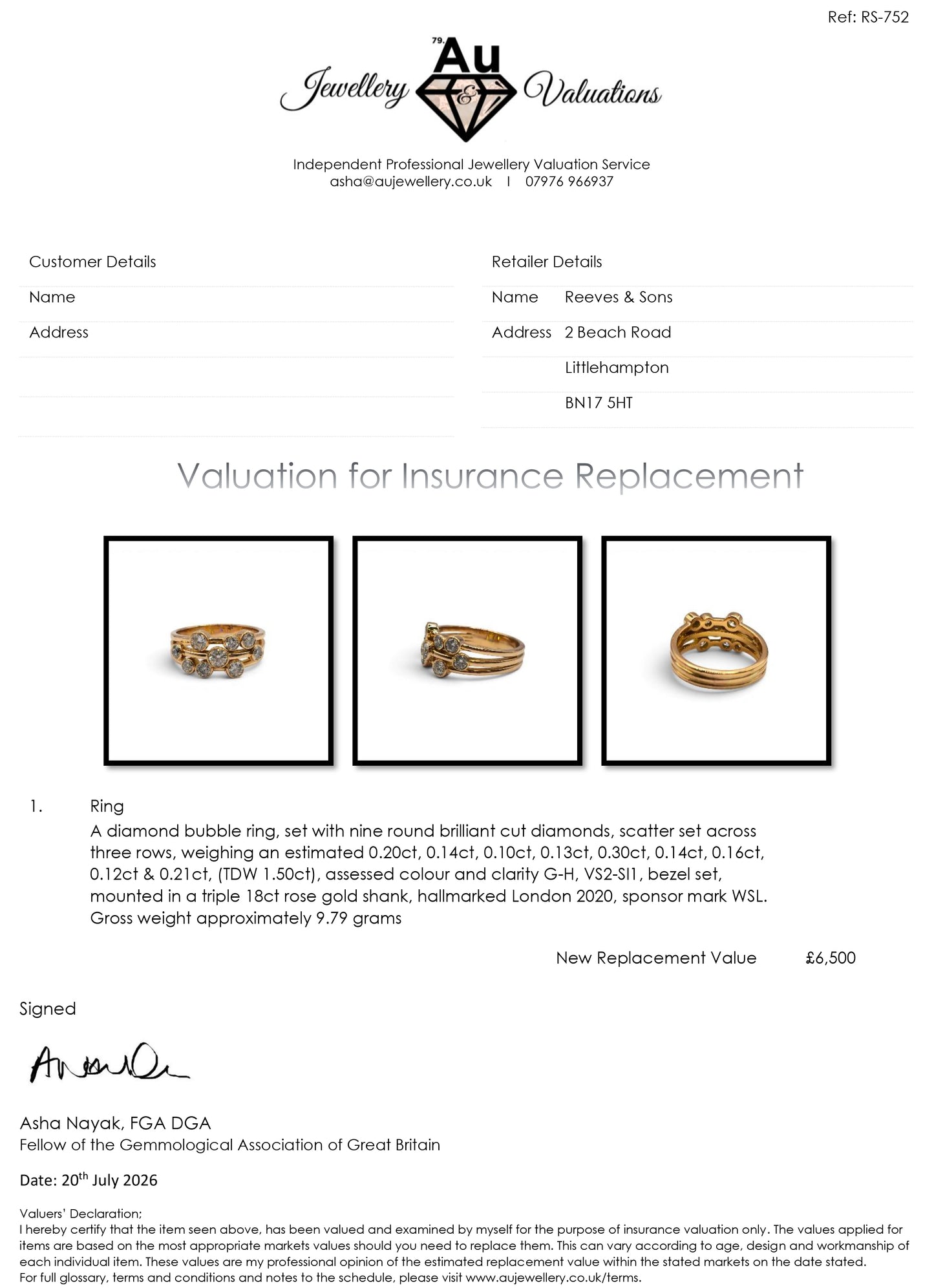 18ct rose gold diamond bubble ring by Reeves and Sons, featuring a delicate design with sparkling diamonds.