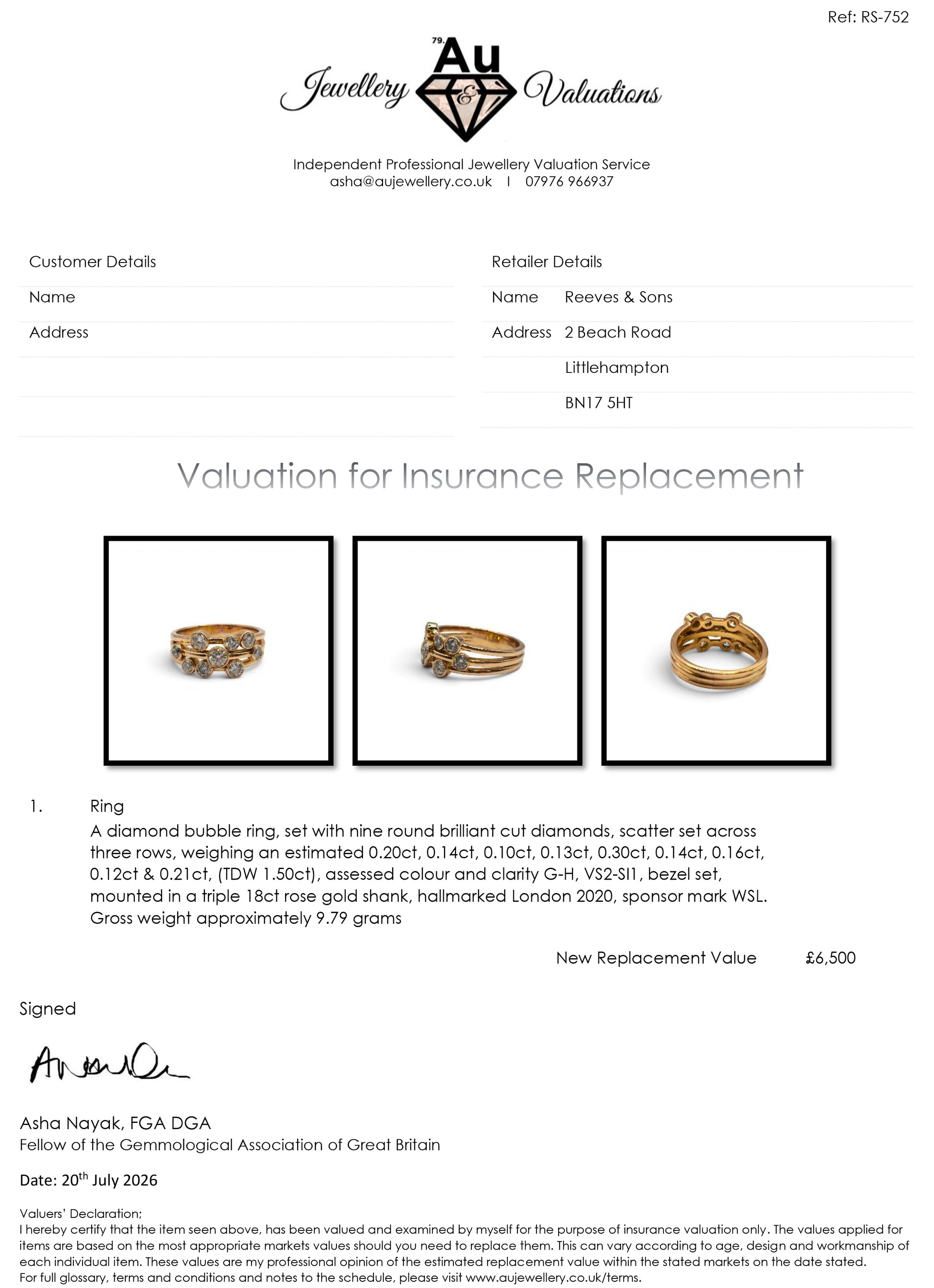 18ct rose gold diamond bubble ring by Reeves and Sons, featuring a delicate design with sparkling diamonds.