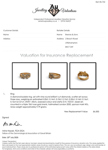 18ct rose gold diamond bubble ring by Reeves and Sons, featuring a delicate design with sparkling diamonds.