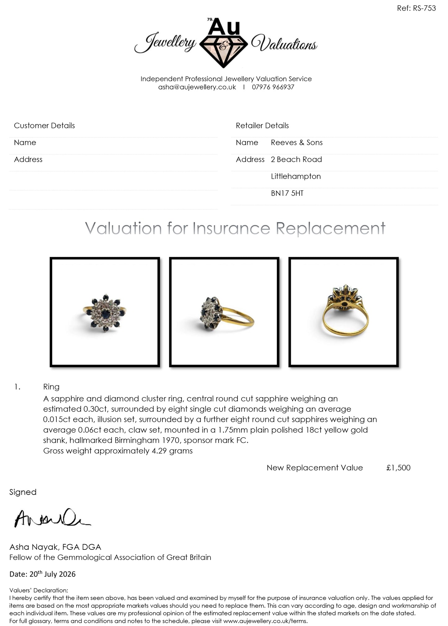 18ct yellow gold sapphire and diamond cluster ring by Reeves and Sons with intricate design and sparkling gemstone details.