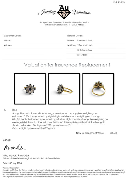 18ct yellow gold sapphire and diamond cluster ring by Reeves and Sons with intricate design and sparkling gemstone details.